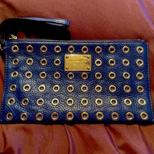 Michael Kors Blue Large Studded Zip Wristlet.